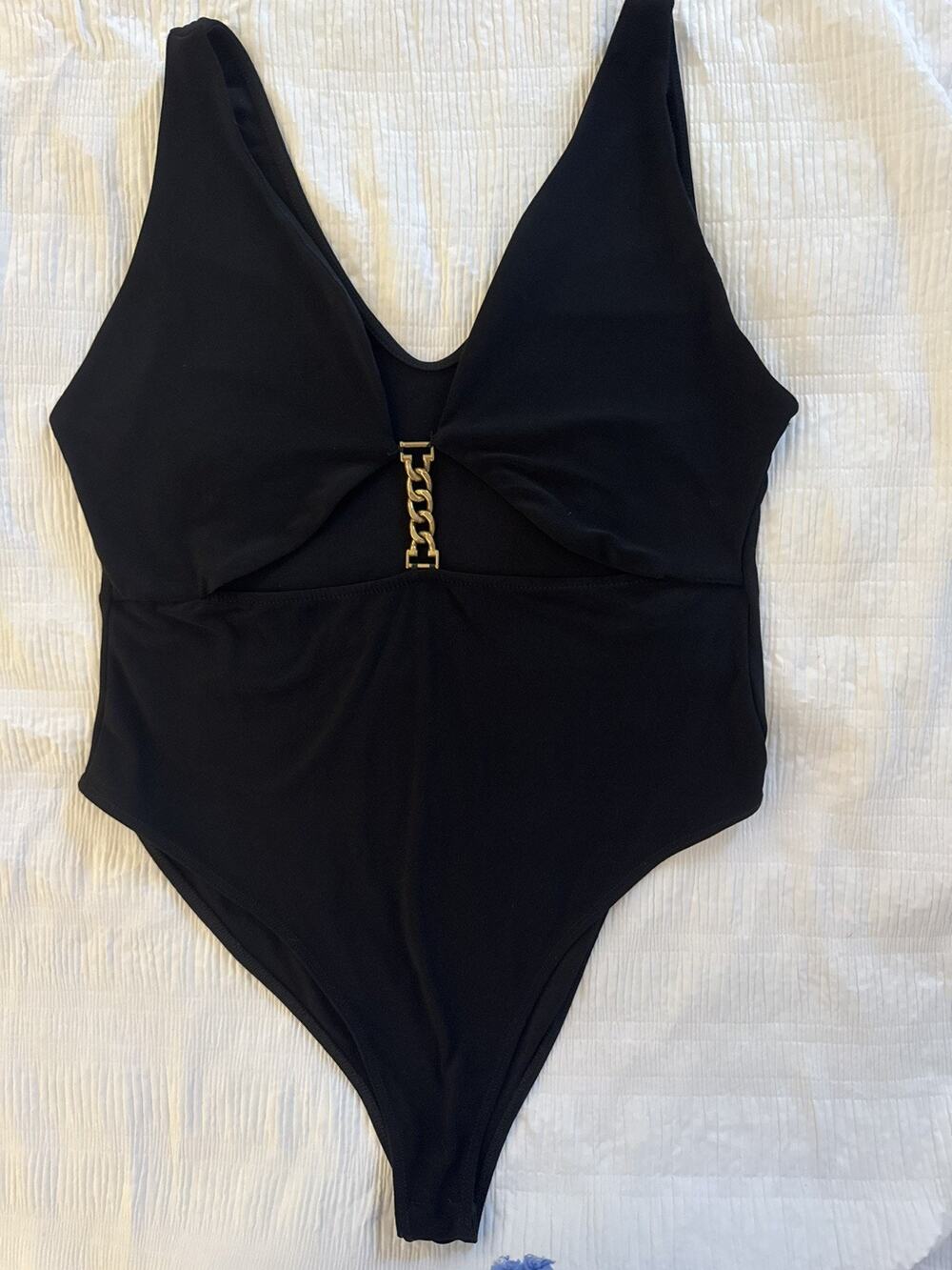 Zara Black Bodysuit Gold Chain Link Sexy Old Money Resort Mob Wife Night Out